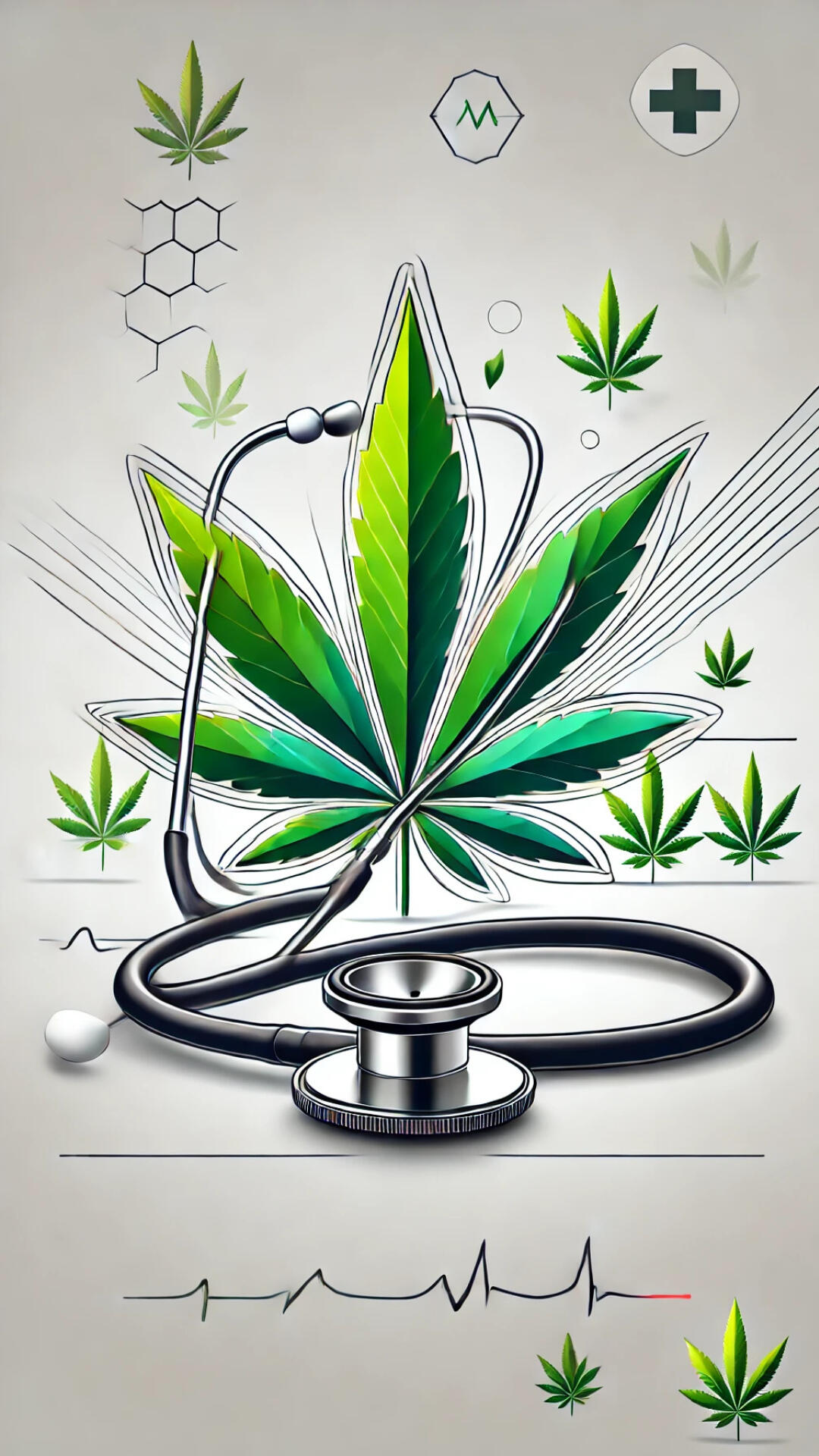 A vibrant green cannabis leaf encircled by a stethoscope, symbolizing the integration of cannabis