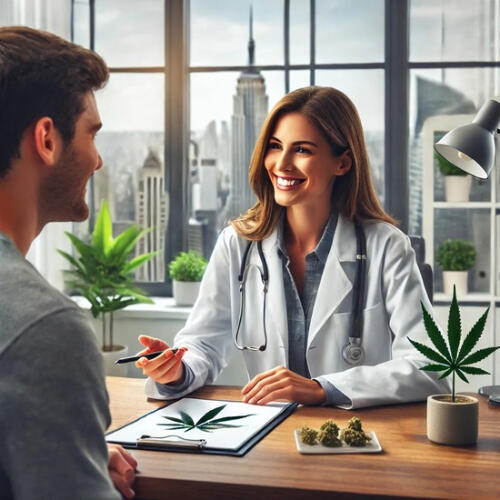 A smiling female doctor in a bright, modern office discussing medical cannabis treatment options with a male patient. The desk features cannabis-related items, including a leaf drawing and a small jar of cannabis buds. The city skyline is visible.